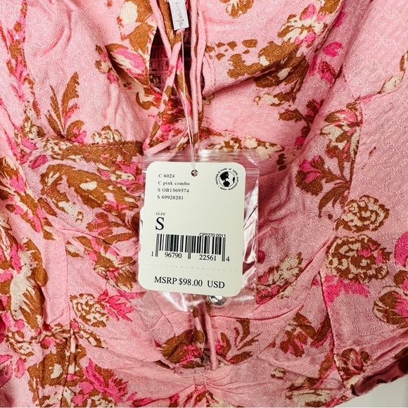 Free People NWT Floral Hilary Puff Sleeve Square Neck Top Pink Small OB1569574 - Picture 7 of 11